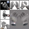 A set of grey cut-resistant work gloves demonstrating EN388 Level 5 protection in various angles.