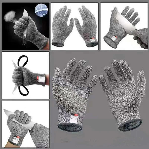 A set of grey cut-resistant work gloves demonstrating EN388 Level 5 protection in various angles.