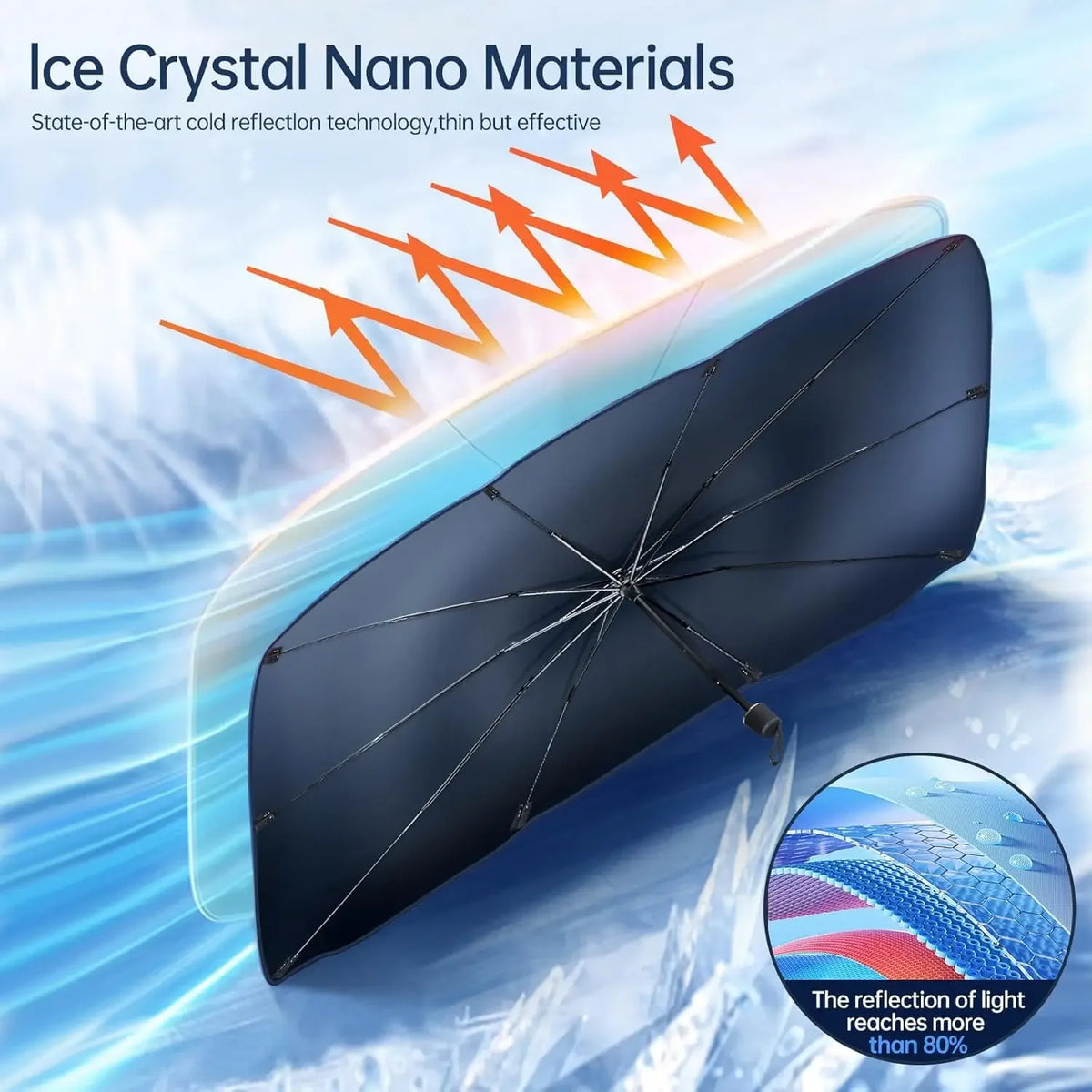 A dark blue foldable car windshield sun shade umbrella reflecting light.