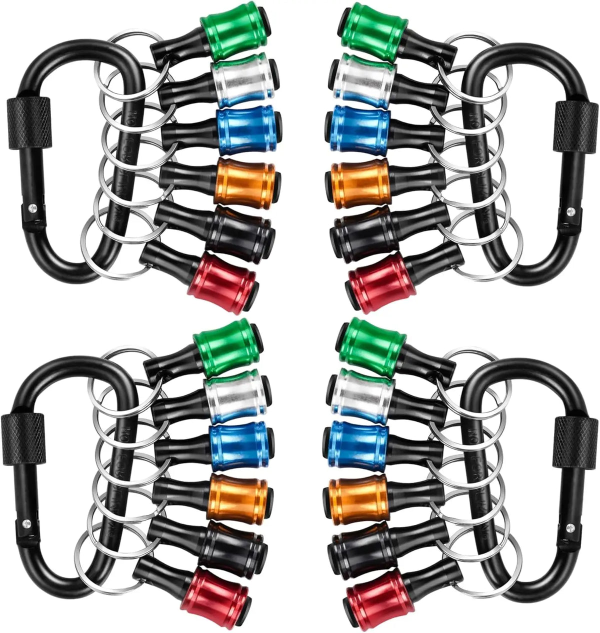A set of magnetic hex bit holders with quick-release chucks in various colors like green, blue, black, and red.