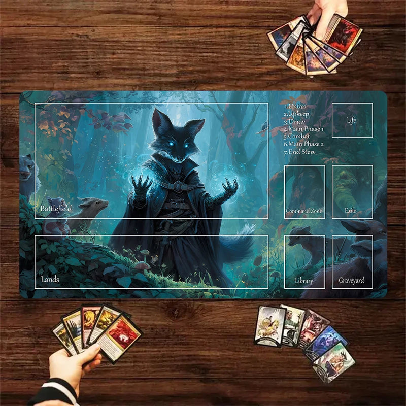 Fantasy Card Playmat with Rabbit Archer & Raccoon Design