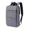 A gray slim expandable laptop backpack with padded protection and a black strap.