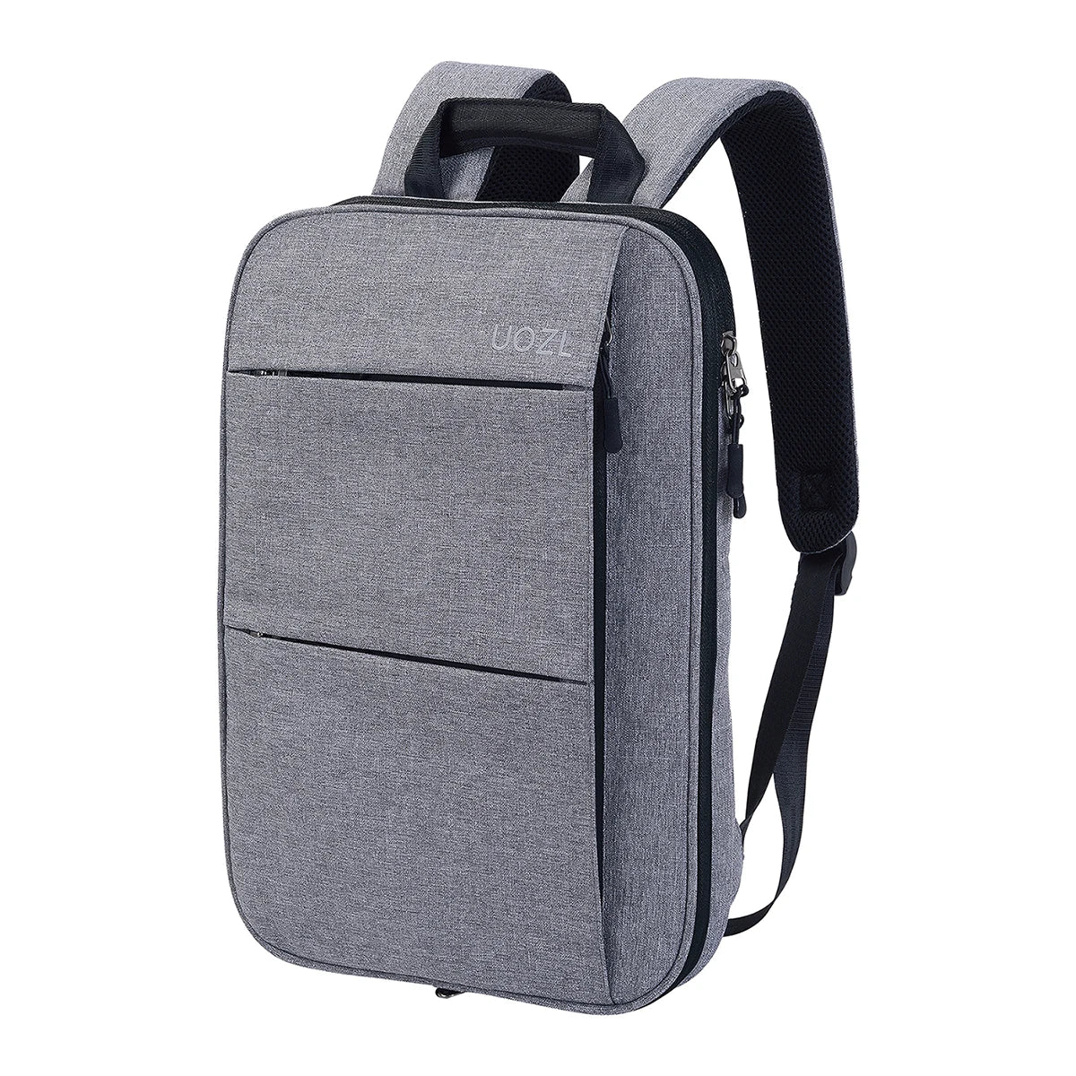 A gray slim expandable laptop backpack with padded protection and a black strap.