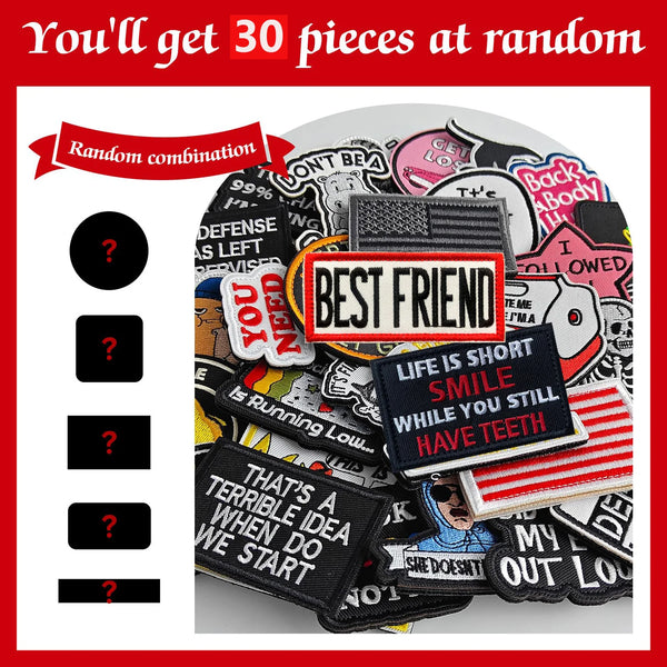 A variety pack of 30 embroidered patches with random combinations and various designs.