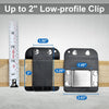 A black clip-on tool belt holster is shown next to a ruler, demonstrating its low-profile design and dimensions.