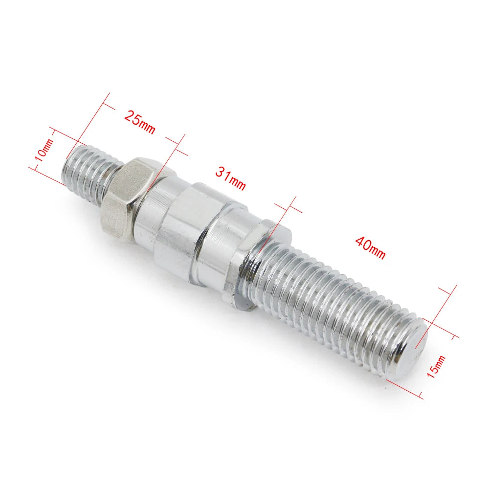 A silver universal racing tow hook with various dimensions marked on the side.