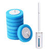 A stack of blue disposable aromatherapy toilet cleaner discs next to a white wall-mount holder.