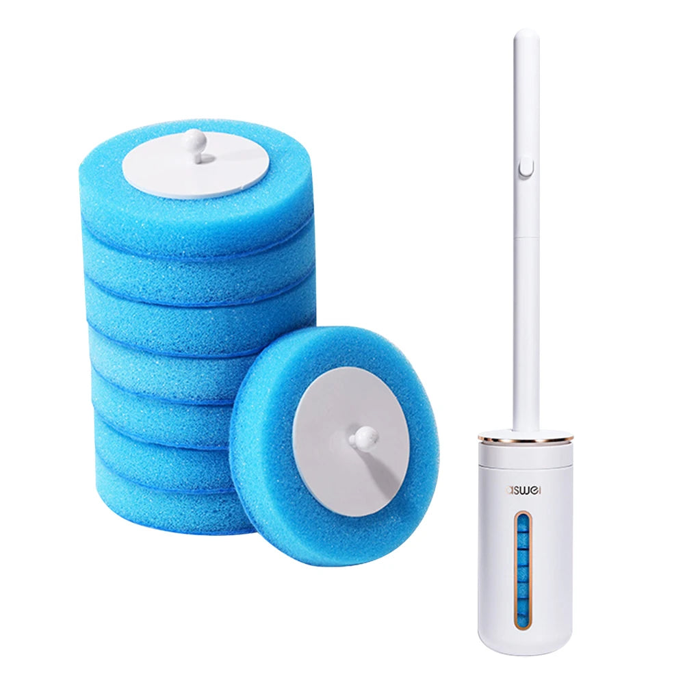 A stack of blue disposable aromatherapy toilet cleaner discs next to a white wall-mount holder.