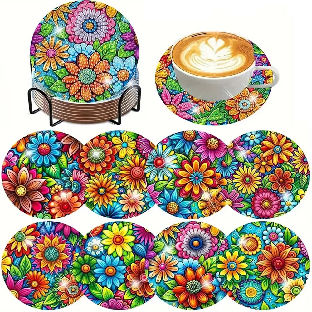 A colorful diamond painting coaster set featuring floral patterns and a latte art coffee cup with foam design.