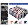 A narrow collapsible hat storage box with a lid showing various hats like visors, baseball caps, and peaked caps.