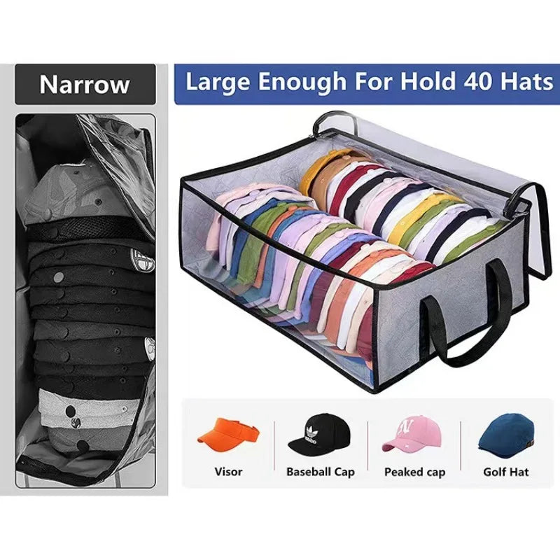 A narrow collapsible hat storage box with a lid showing various hats like visors, baseball caps, and peaked caps.
