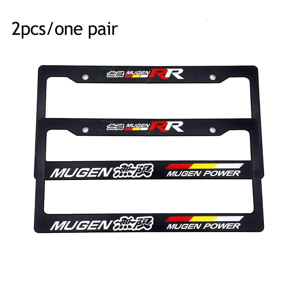 A pair of black racing style license plate frames with JDM aesthetic design.
