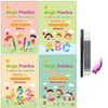 A set of colorful reusable handwriting practice books for kids featuring magic ink and various subjects like drawing, calligr