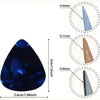 A collection of three guitar picks in varying thicknesses, shown with measurements and close-ups.