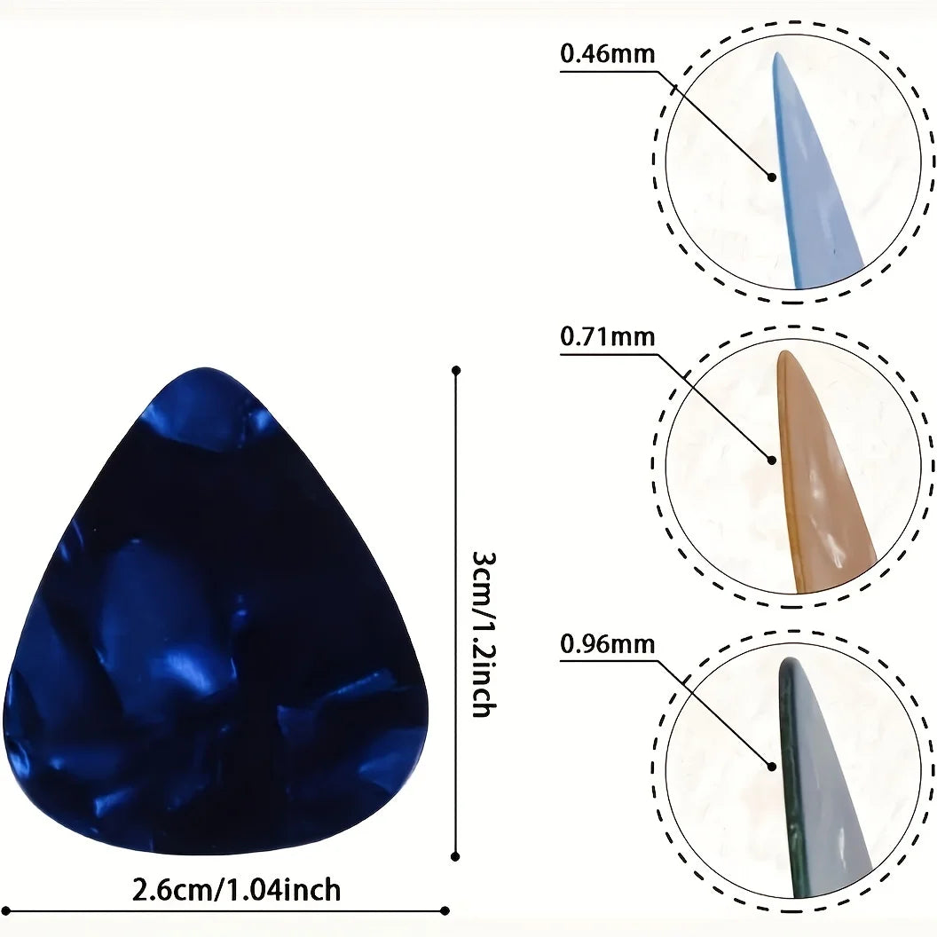 A collection of three guitar picks in varying thicknesses, shown with measurements and close-ups.