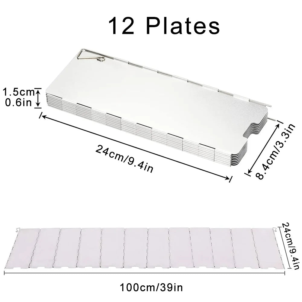 A flat, rectangular aluminum camping stove windscreen with 12 plates shown in various dimensions.
