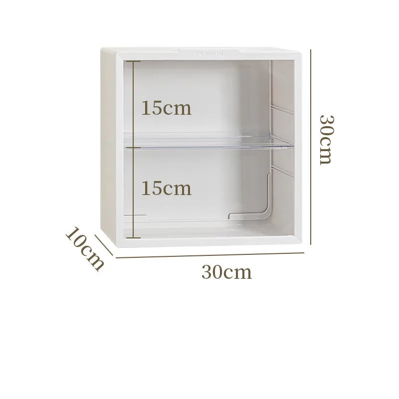 White wall-mounted dustproof display case with two glass shelves and adjustable height settings.