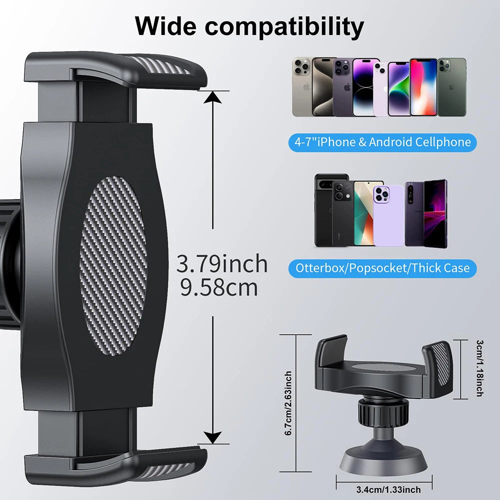 A black magnetic phone holder with various compatibility options for iPhone, Android, Otterbox, and thick cases.