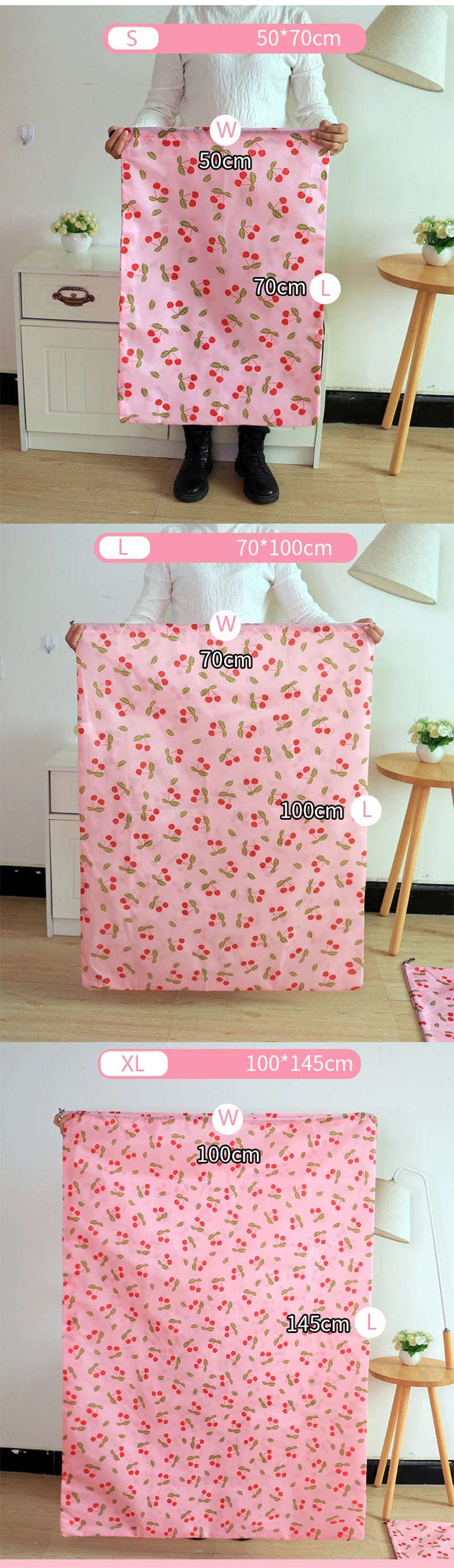 A series of pink patterned laundry bags in various sizes, labeled S, W, L, and XL, displayed on a wooden floor.