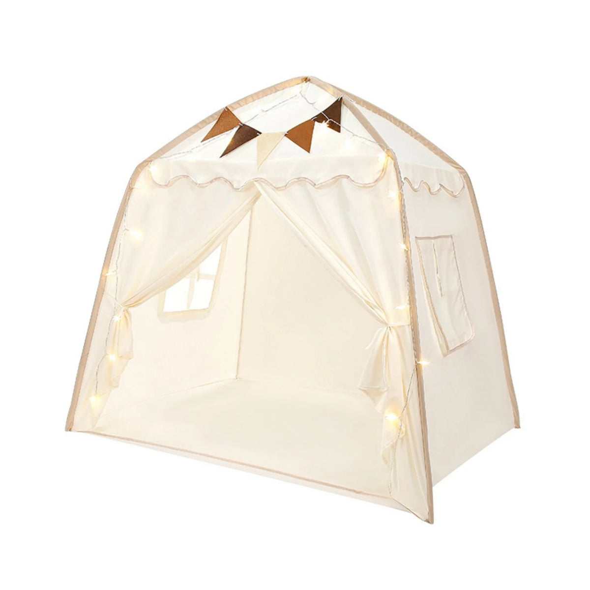 A beige foldable kids teepee play tent with decorative fabric and string lights.