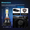 Diagrams and view of an Ultra-Bright 6500K LED headlight bulb with a silent fan, showing dimensions and fit details.