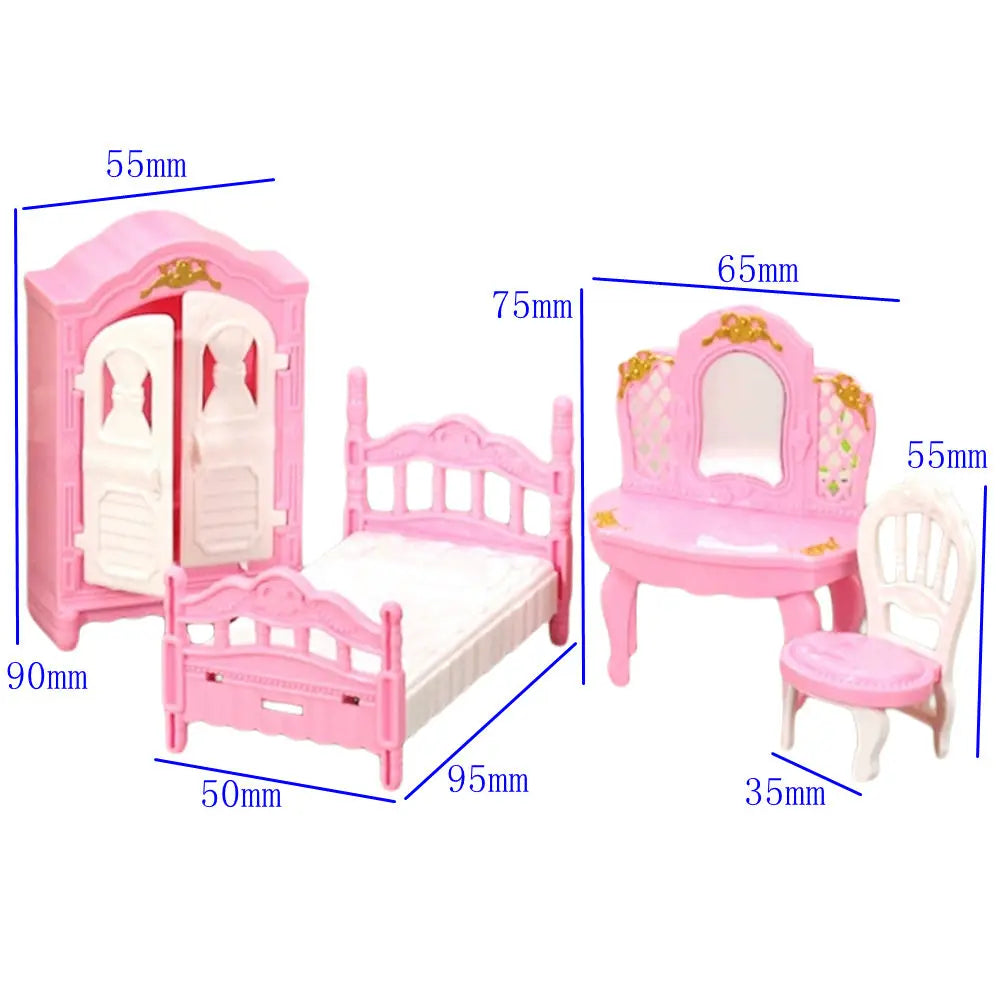 Pink wooden doll bed and chair set with decorative headboards and mirrors