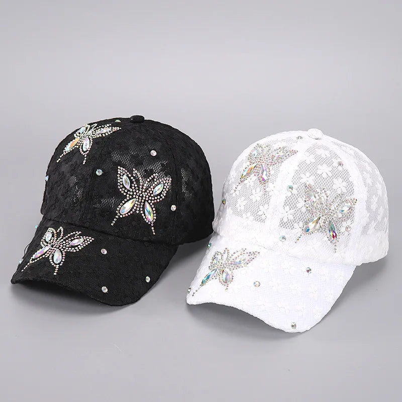 Lace Butterfly Snapback Cap with Rhinestone Accents