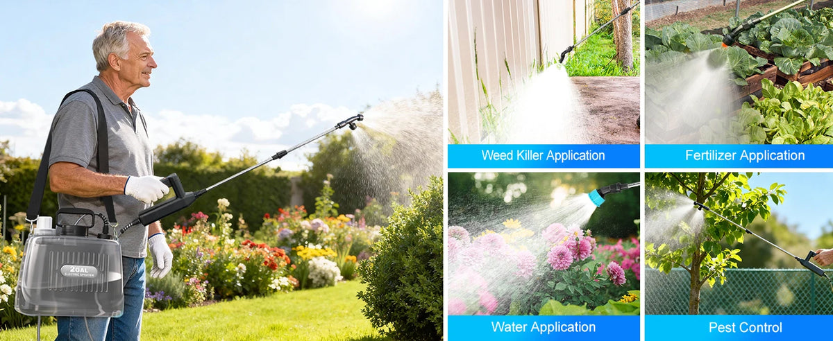 A man sprays a garden with a 2 gallon cordless sprayer, demonstrating weed killer, fertilizer, water, and pest control applic