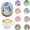 A set of eight DIY diamond art coasters featuring various winter and festive designs on wooden bases.
