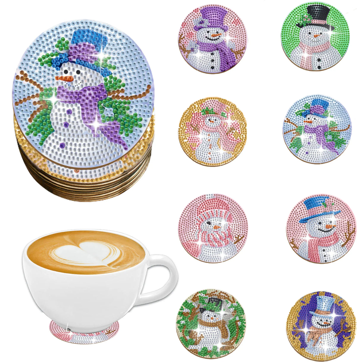 A set of eight DIY diamond art coasters featuring various winter and festive designs on wooden bases.