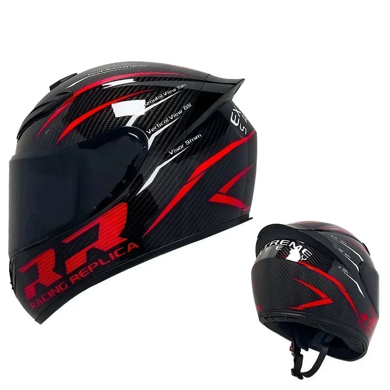 Black and red racing replica full face motorcycle helmet with a clear visor