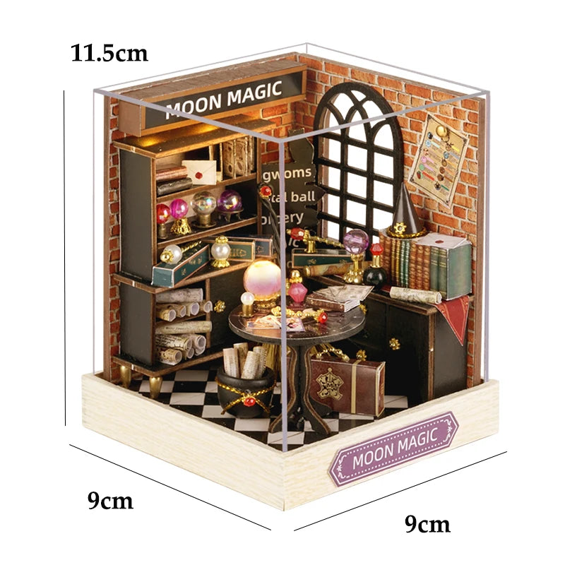 A wooden dollhouse miniature assembly kit featuring brick walls, shelves, and a window with moon magic theme.