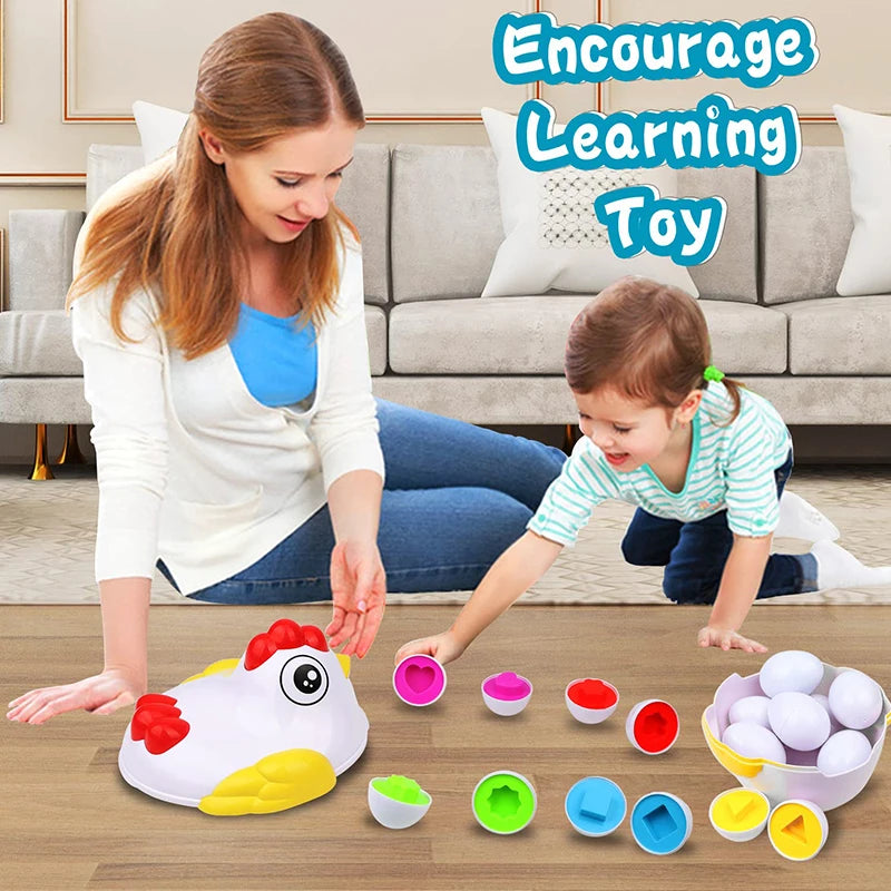 A woman is demonstrating a matching eggs Montessori toy for toddlers, showing various colored and shaped eggs on a wooden flo