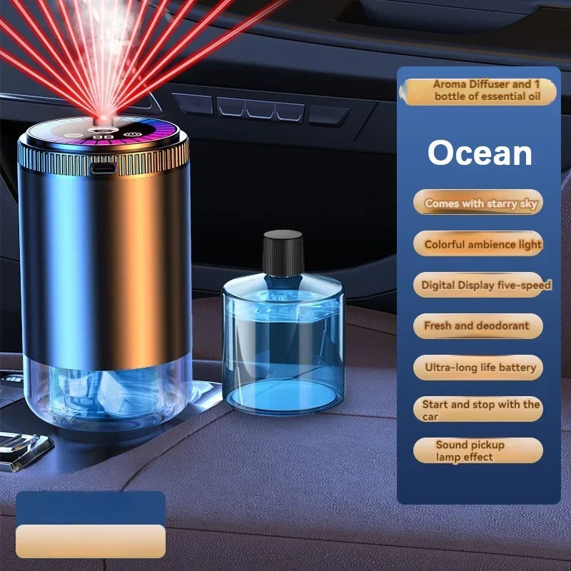 A rechargeable car aroma diffuser with a glass bottle and starry sky ambient light displayed on a dark surface.