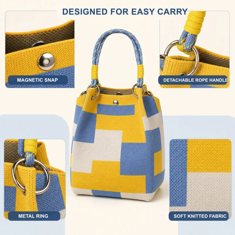 Mini Knitted Colorblock Bucket Bag with Detachable Handle