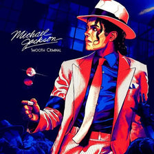 A painting of Michael Jackson in a red suit and hat, rendered with diamond painting style.