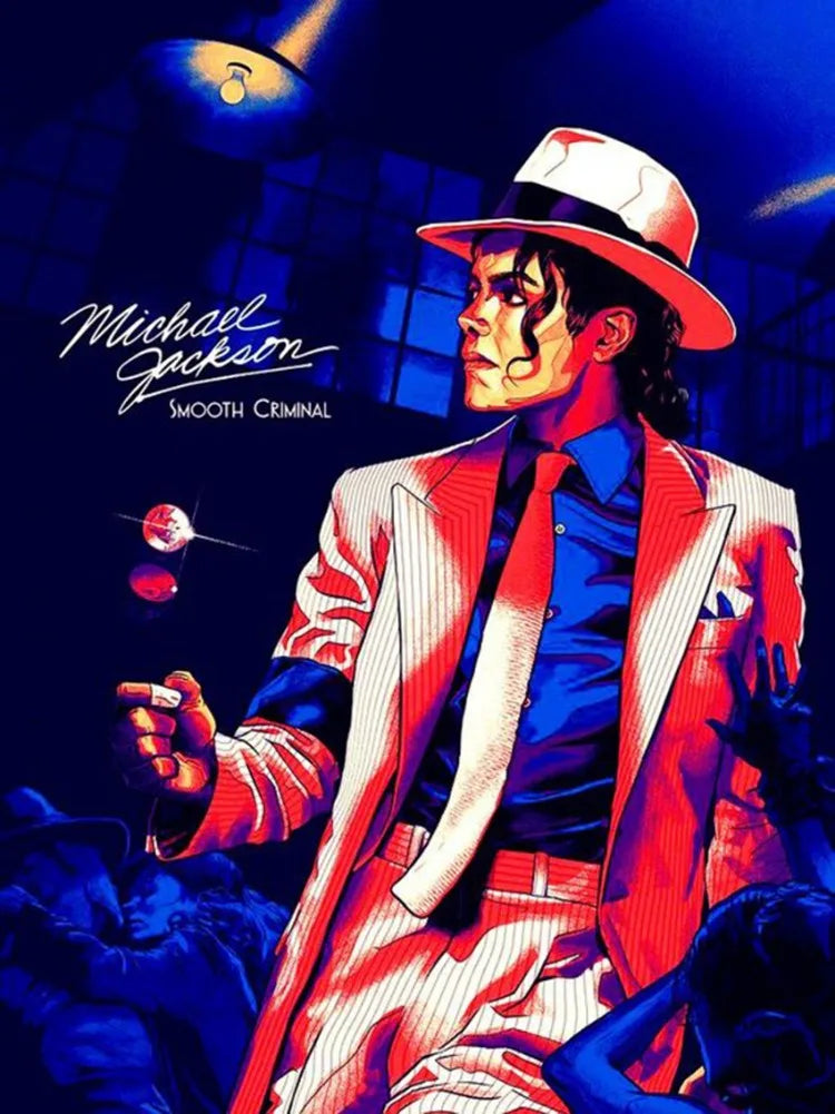 A painting of Michael Jackson in a red suit and hat, rendered with diamond painting style.
