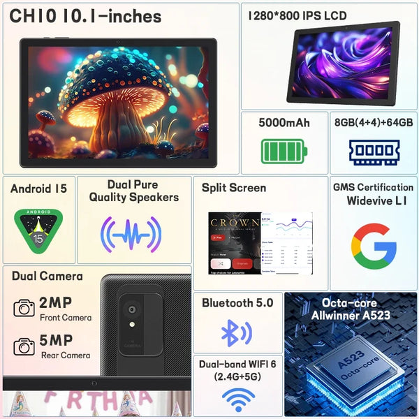 10.1" Android 15 Kids Tablet with Protective Case