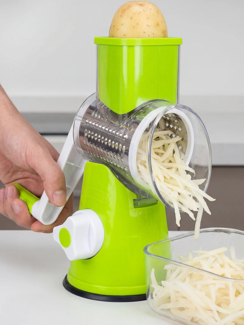 Multi-Function Rotary Cheese Grater with Suction Base and Round Mandoline Slicer