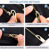 Four steps showing the installation method of a universal metal zipper slider repair kit on a black fabric.