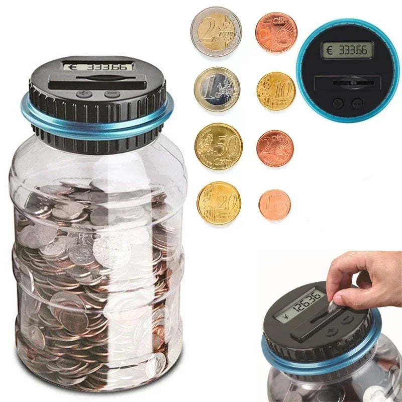 A clear glass jar filled with coins and a digital coin counting piggy bank with an LCD display and various coins.