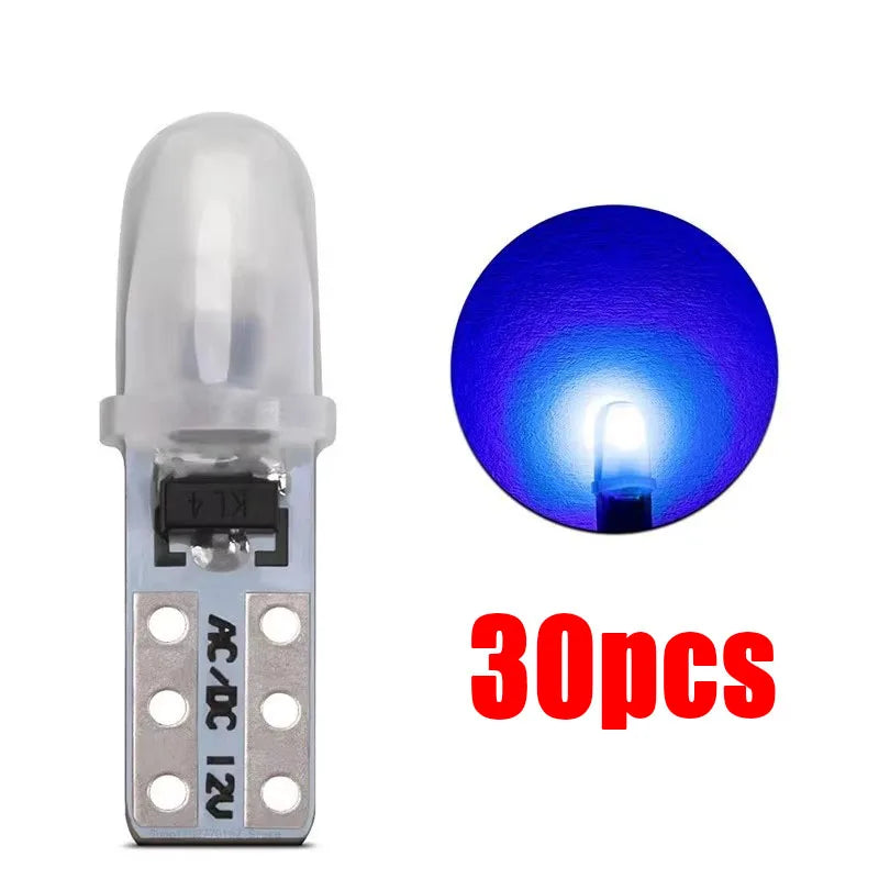 A package of 30 T5 wedge LED bulbs for various automotive lights, including a blue light demonstration.