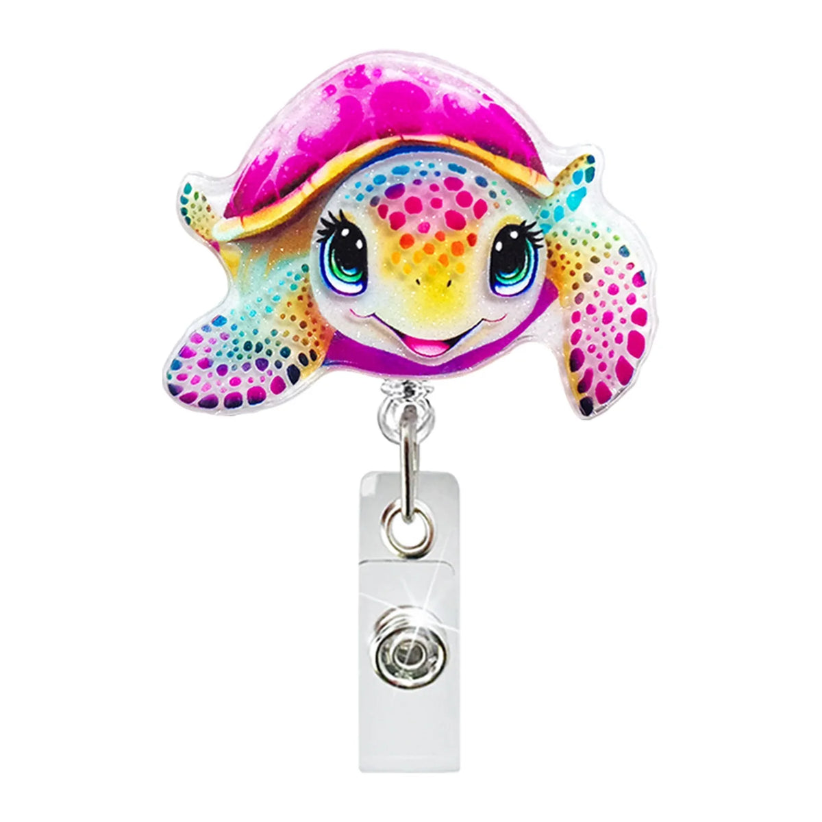A glitter acrylic alligator clip badge reel featuring a smiling, colorful sea creature face.