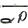 A black ring sizer measuring tool with a magnifier and a flexible band for sizing rings.
