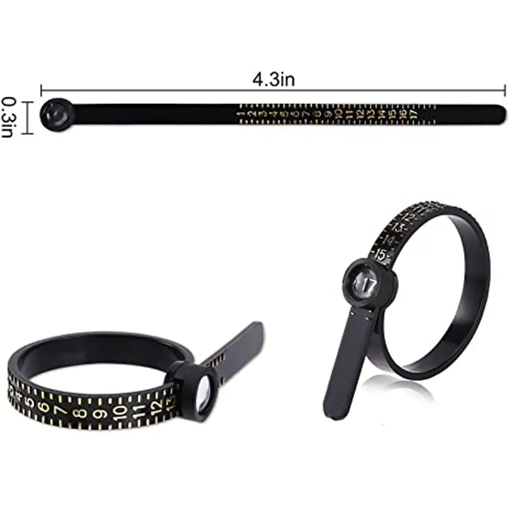 A black ring sizer measuring tool with a magnifier and a flexible band for sizing rings.