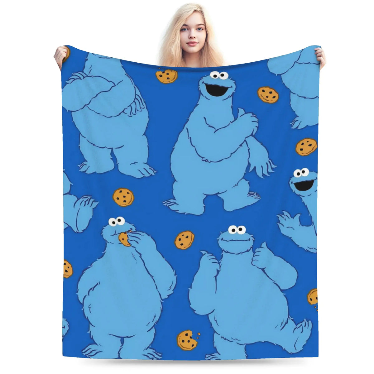 A blue plush blanket featuring characters from Sesame Street Friends