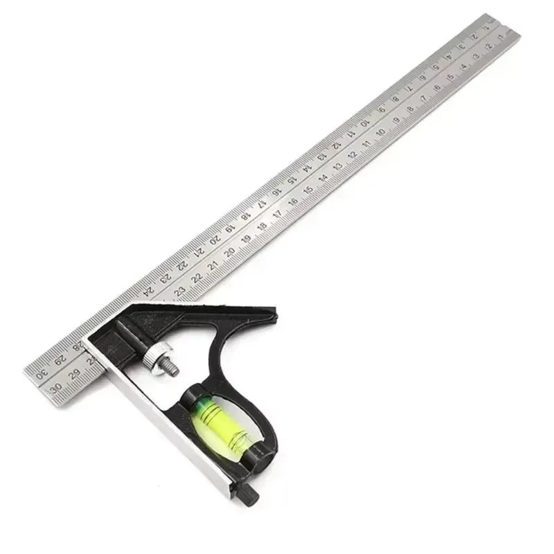 A combination square and spirit level set with a stainless steel and aluminum ruler shown against a white background.