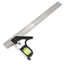 Adjustable combination square and spirit level set with stainless steel and aluminum components