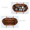 A brown felt insert liner for a handbag, shown in two configurations: an organized compartment and a separate padded section.