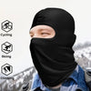 Black floral balaclava face mask worn by a person outdoors, with icons for cycling, skiing, and climbing visible.
